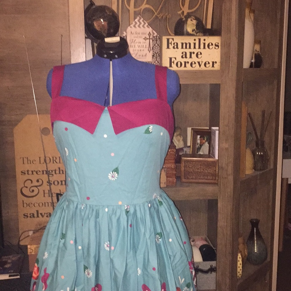 LINDY BOP RARE SASKIA TEAL AND PURPLE FOLK FLOWER DRESS - Picture 2 of 11
